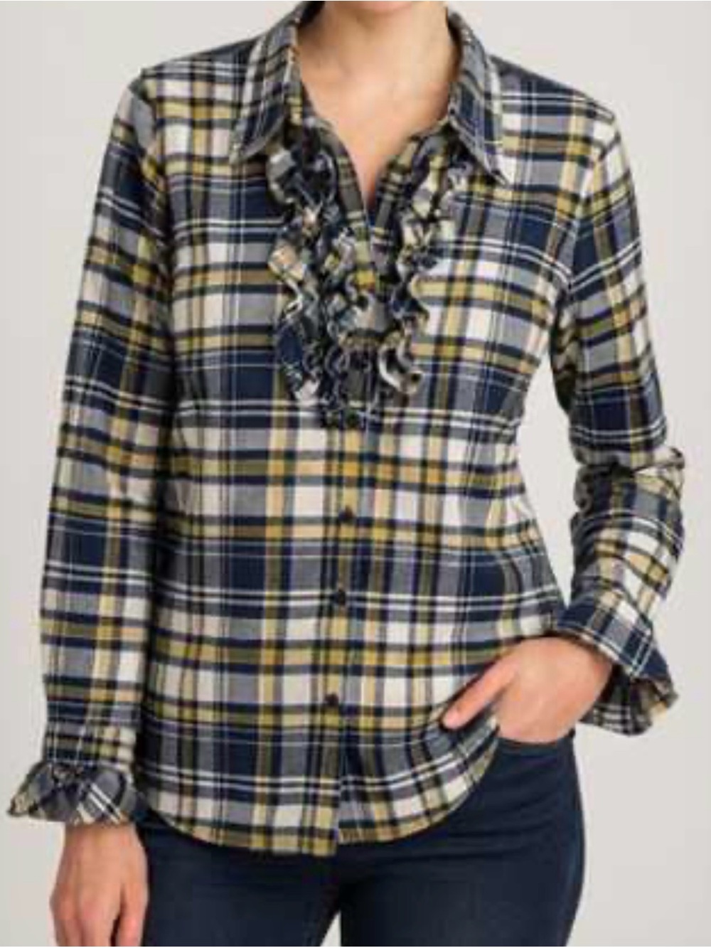 **CAbi Seattle Shirt Navy and Yellow Plaid Button Down Shirt